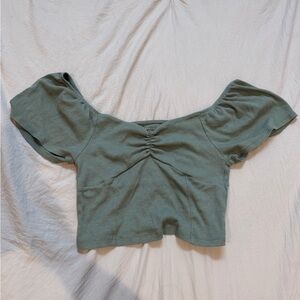 American Eagle Outfitters Ruched Puff-Sleeve Crop Top in Sage